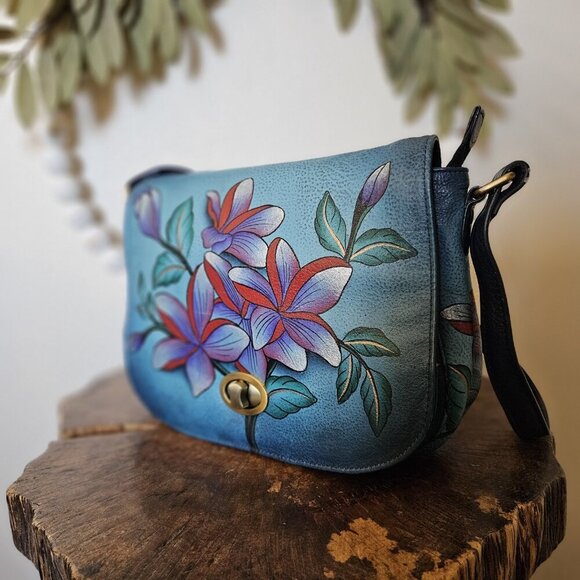 Anuschka Hand Painted Leather Shoulder Bag Blue Floral Turnlock - Picture 13 of 16
